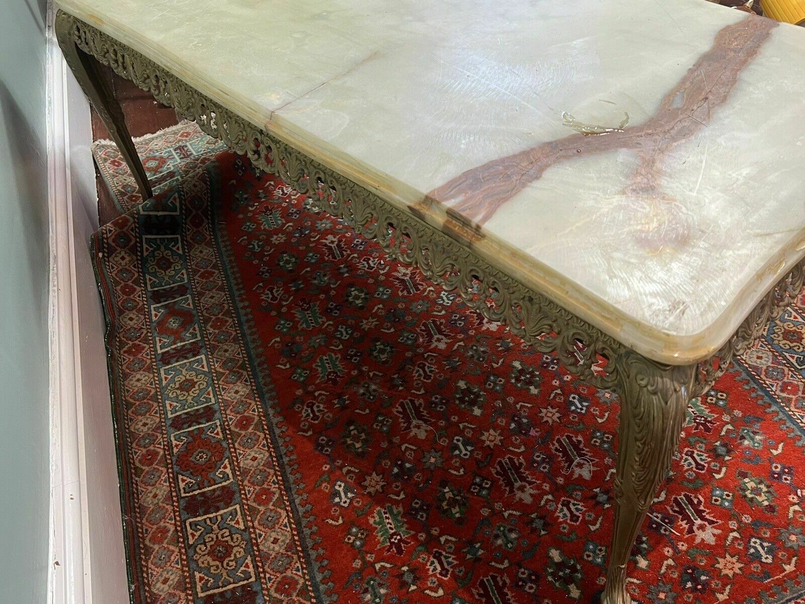 photo for sale French Louis XVI Style Onyx Marble And Brass Filigree Ormolu Coffee Centre Table