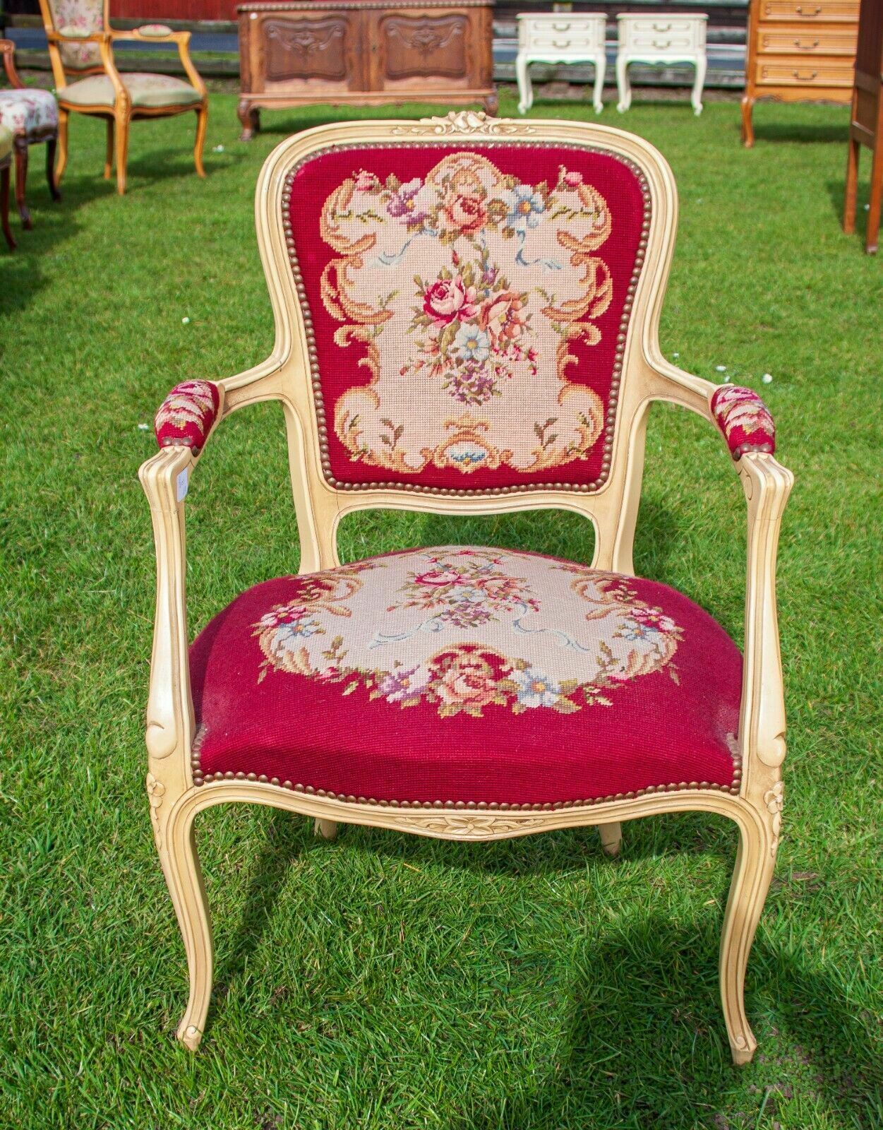 French Louis XV Painted Carved Oak Burgundy Floral Pattern Armchair photo furniture