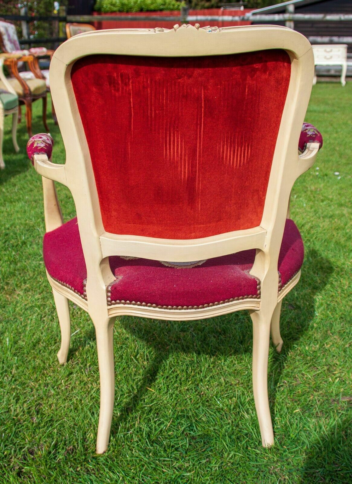 French Louis XV Painted Carved Oak Burgundy Floral Pattern Armchair photo vinterior