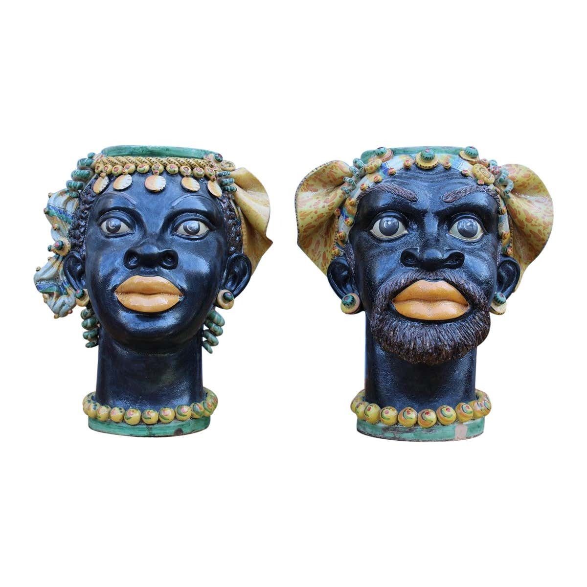 Great Pair Of Moor's Heads Museum Albanian Artist Besnik Arizaj Sicily 1990s