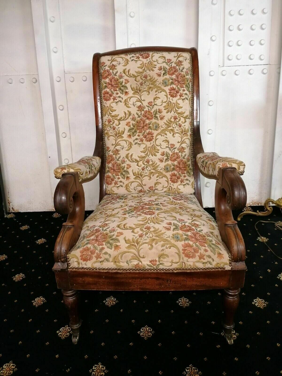 295.0 Heavy French Antique High Back Mahogany Wheels Chair photo