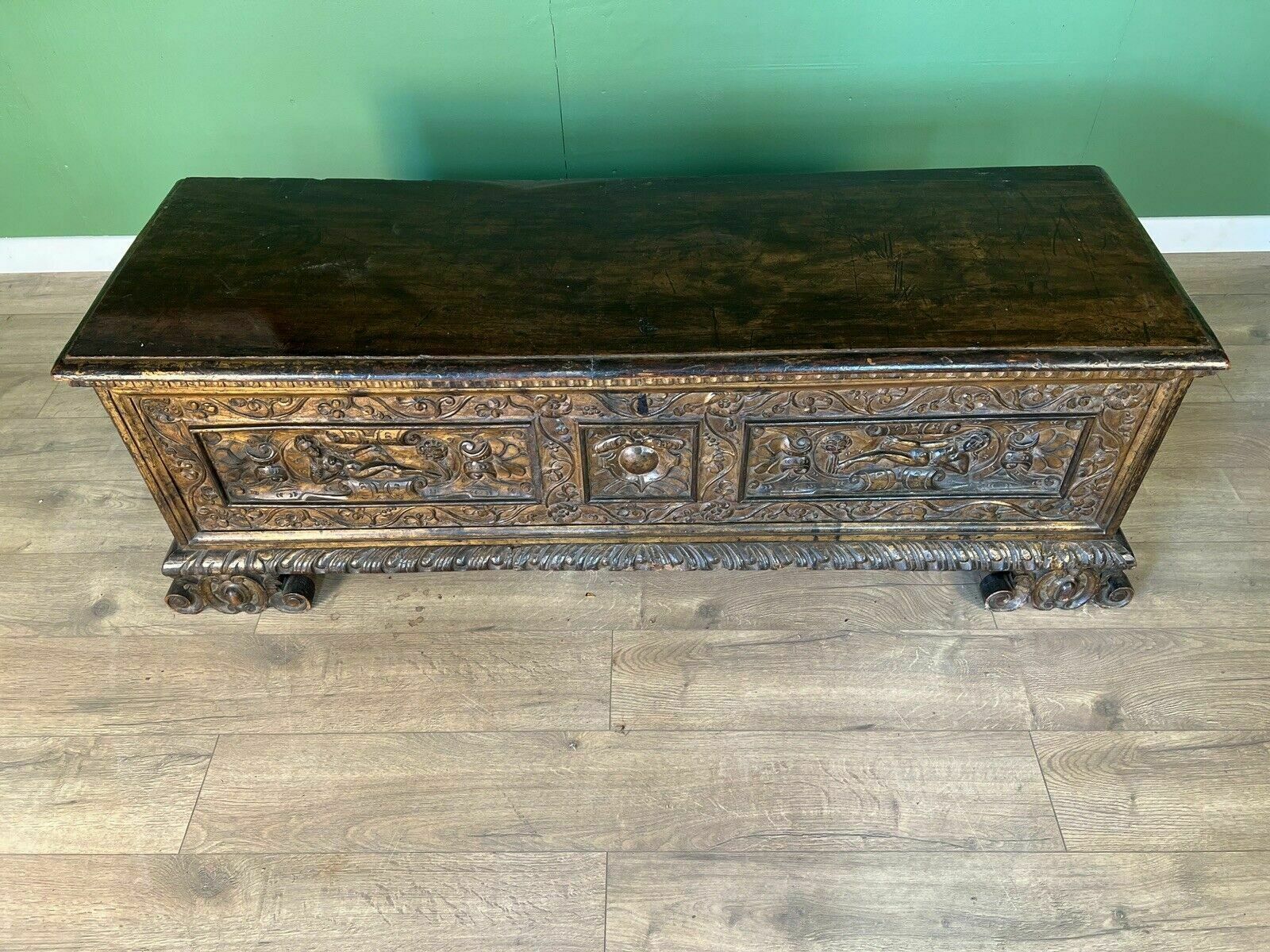 A Rare Early 17th Century Walnut Gilded Italian Cassone photo furniture