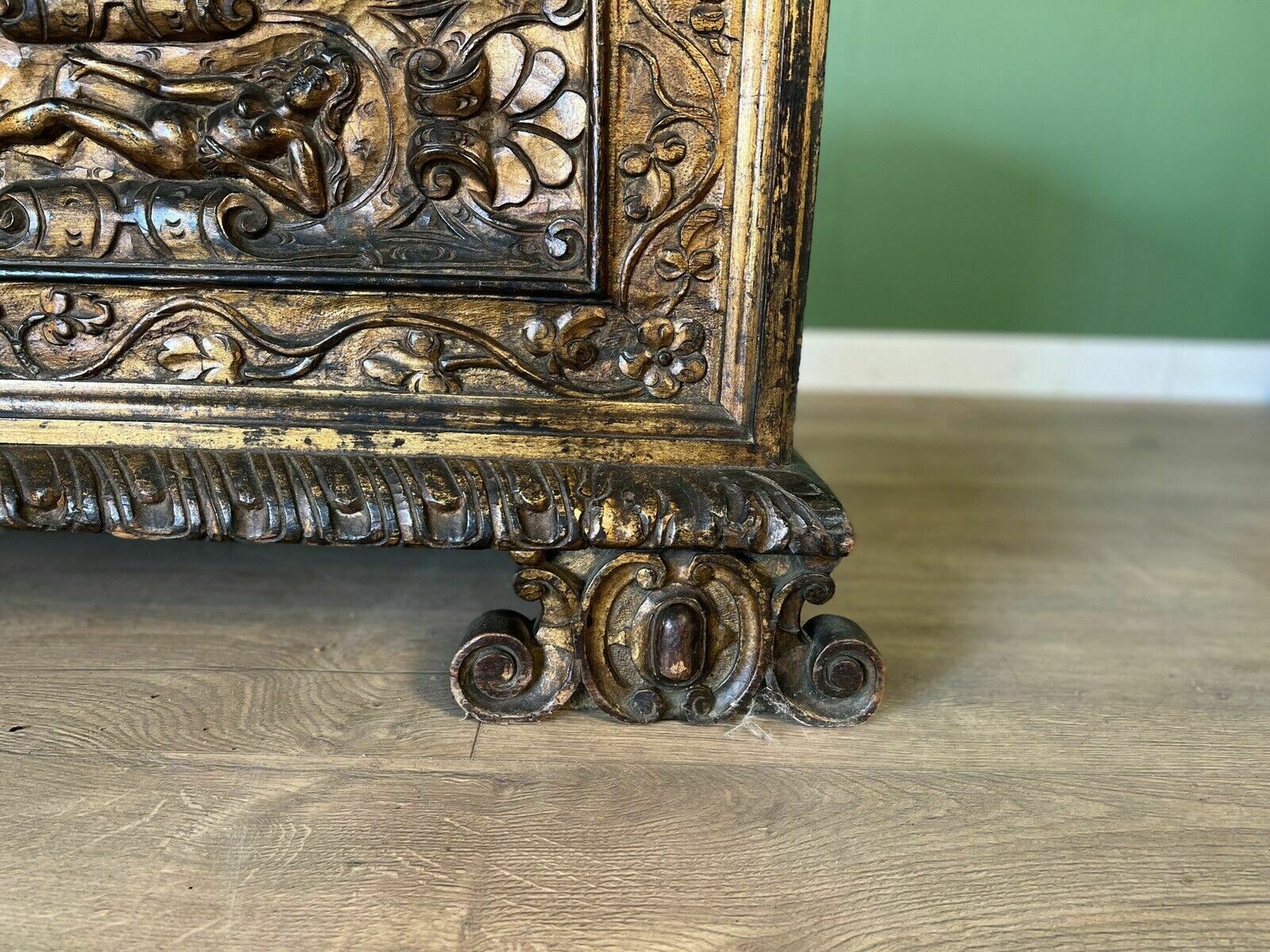 A Rare Early 17th Century Walnut Gilded Italian Cassone photo for sale