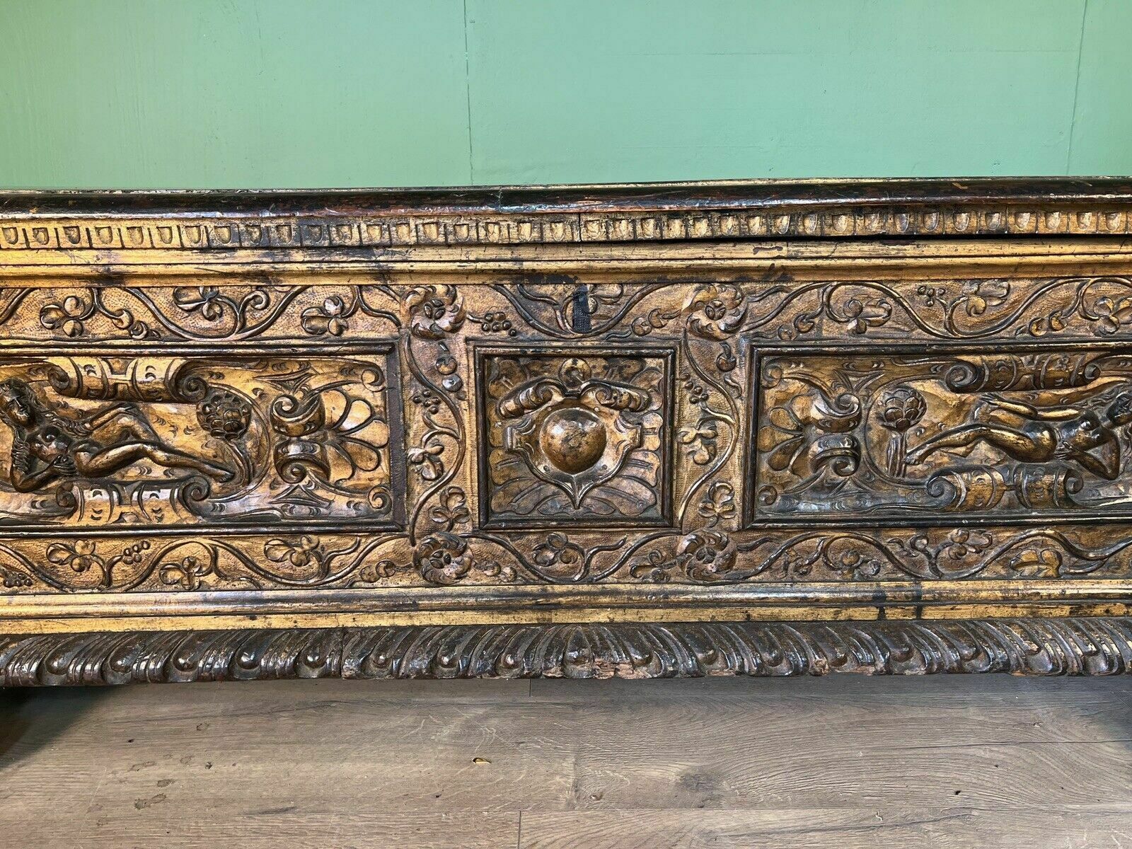 A Rare Early 17th Century Walnut Gilded Italian Cassone photo 3650.0