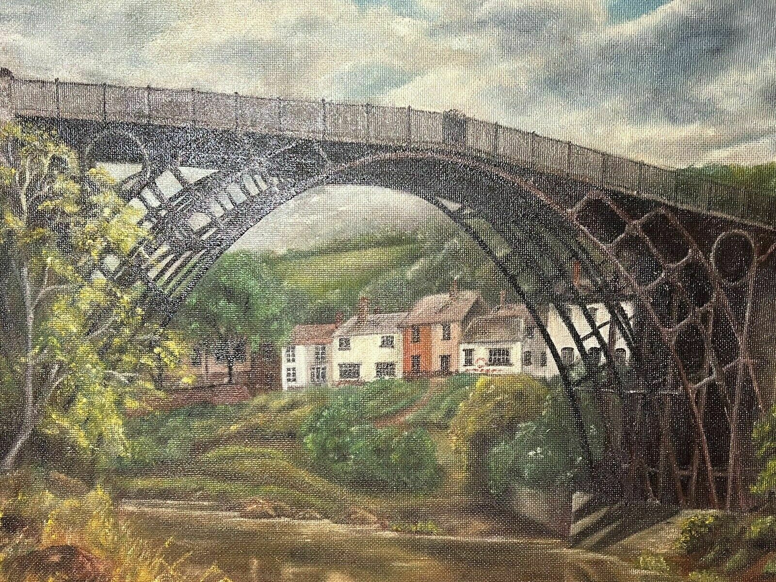 Historic Monument Iron Bridge Shropshire 1779 Oil Painting Signed R Russell photo for sale