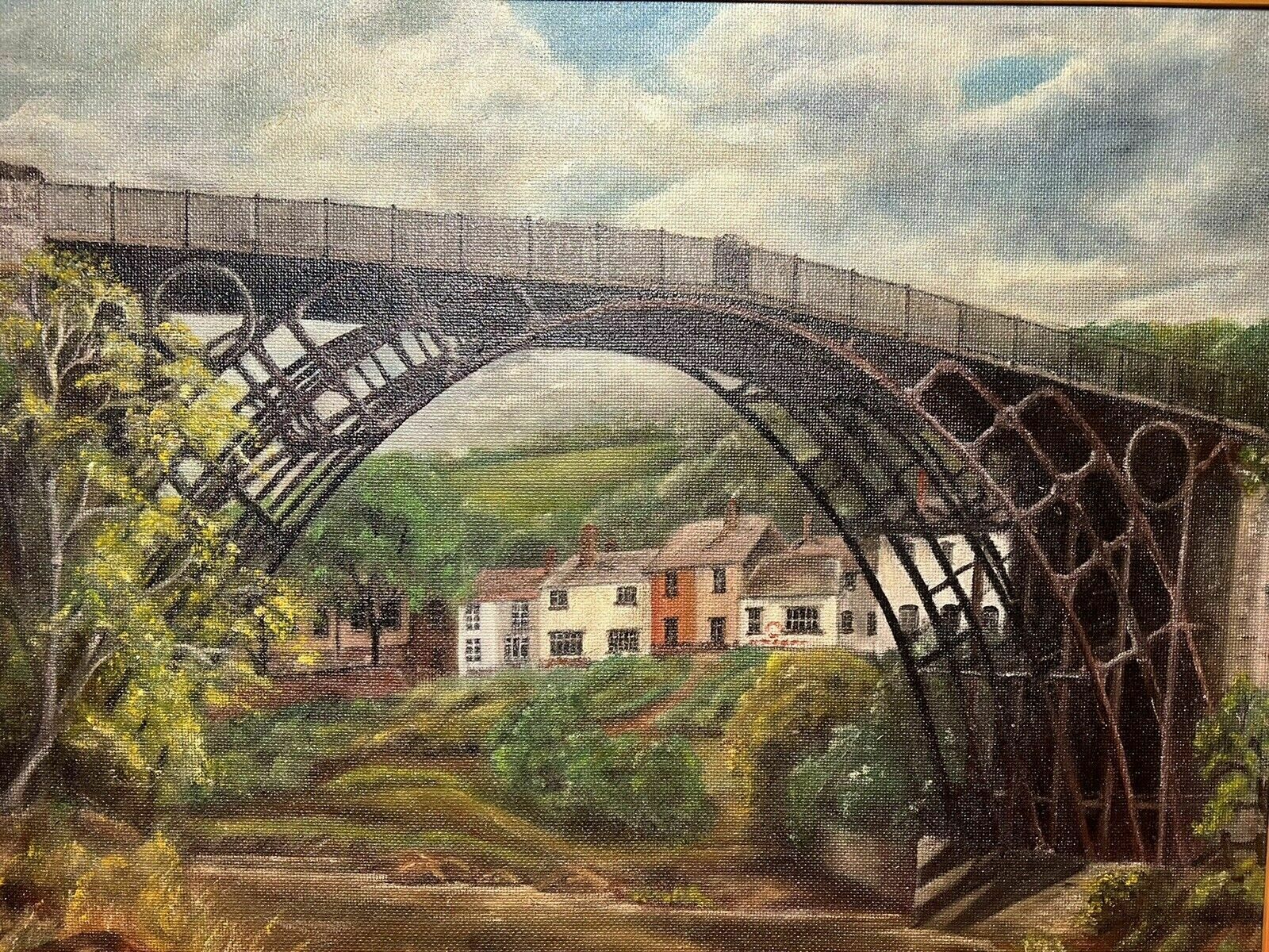 Historic Monument Iron Bridge Shropshire 1779 Oil Painting Signed R Russell photo Art
