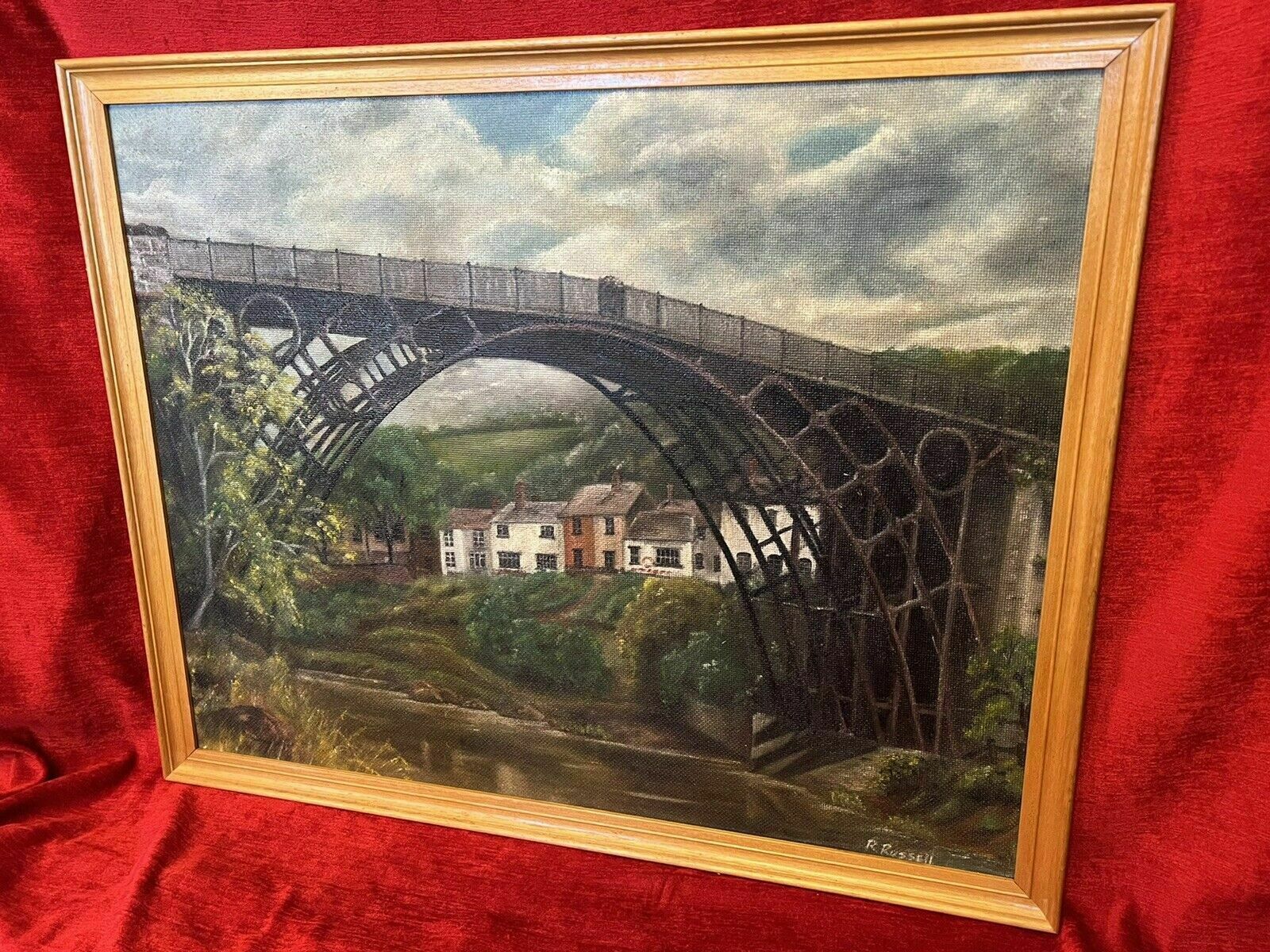 Historic Monument Iron Bridge Shropshire 1779 Oil Painting Signed R Russell photo 350.0