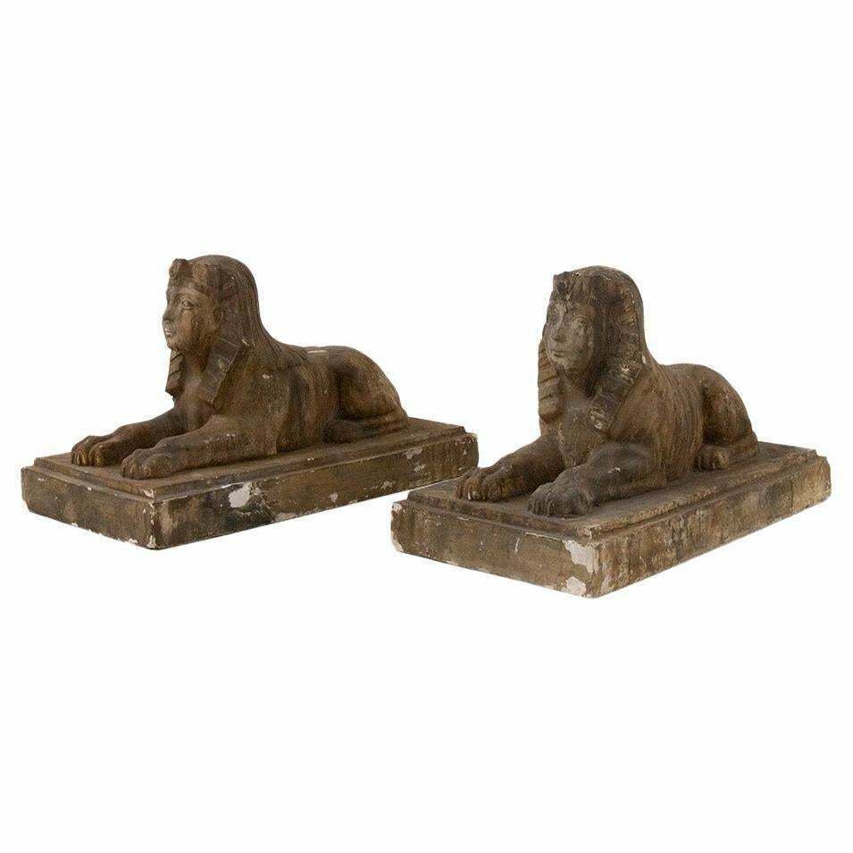 Pair Of Egyptian Sphinxes In Gold Coloured Scaiola Plaster