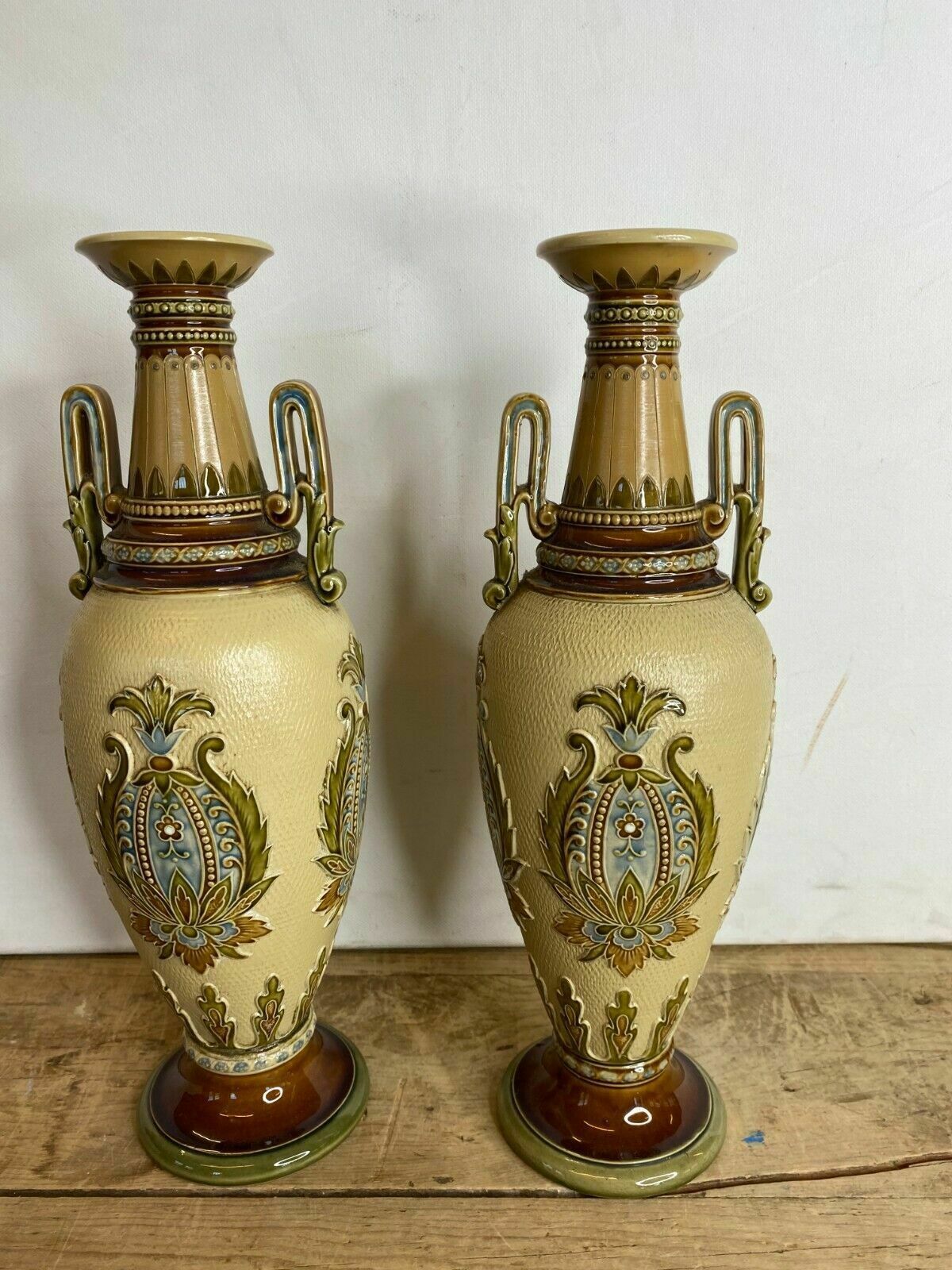 Pair Of Seltene Grooved Vases Villeroy & Boch Mettlach 2505   One Repaired photo furniture