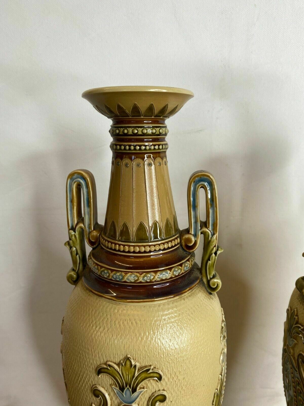 Pair Of Seltene Grooved Vases Villeroy & Boch Mettlach 2505   One Repaired photo for sale