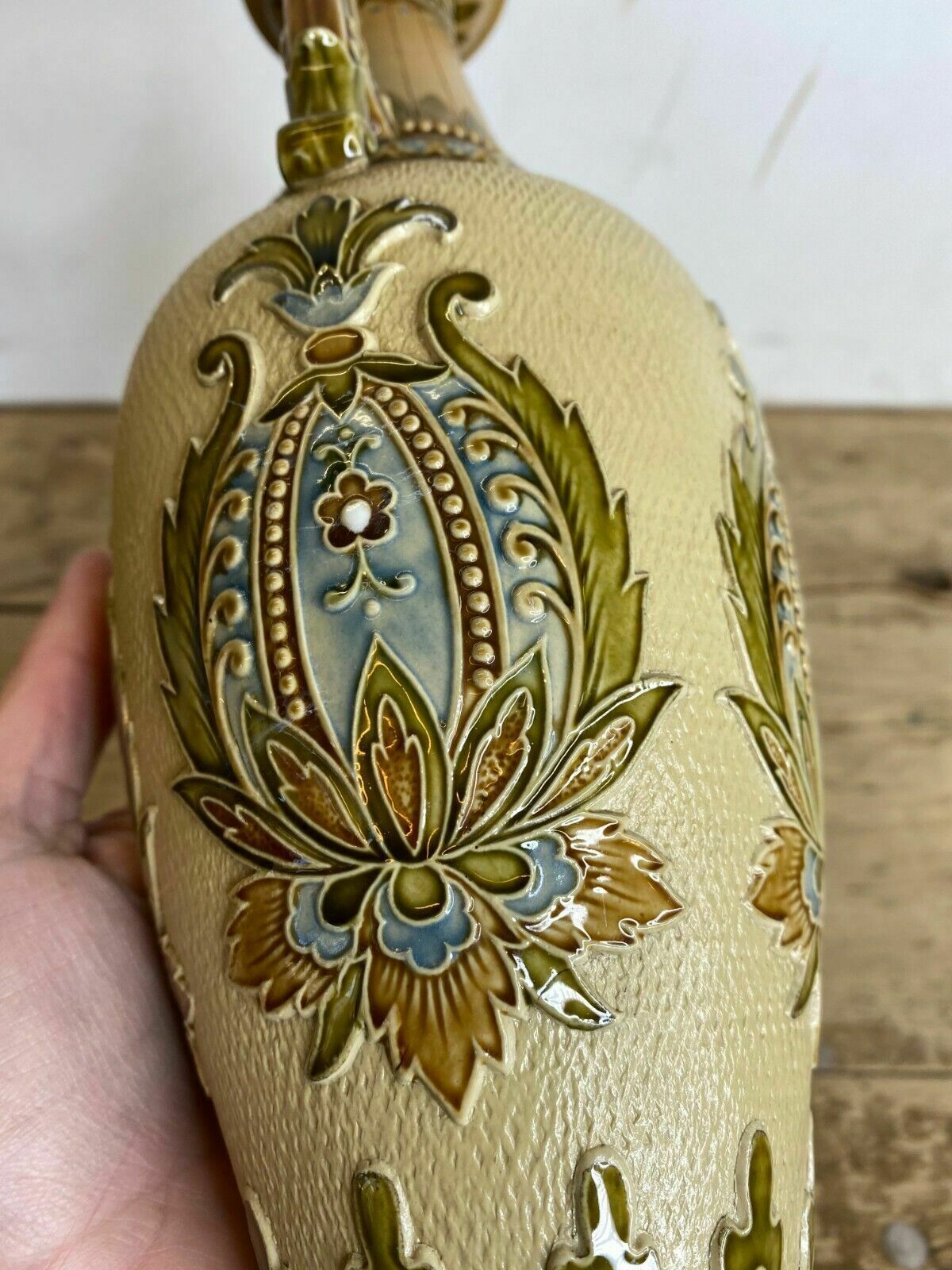 photo for sale Pair Of Seltene Grooved Vases Villeroy & Boch Mettlach 2505   One Repaired