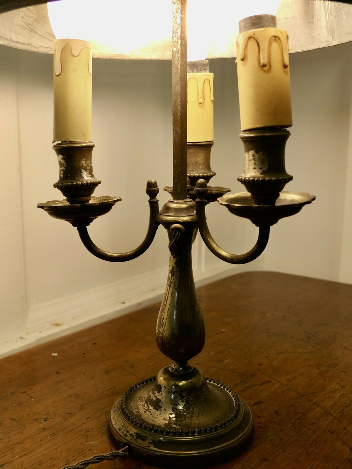 photo for sale Very Old Silver Plated French Triple Bouillotte Desk Lamp