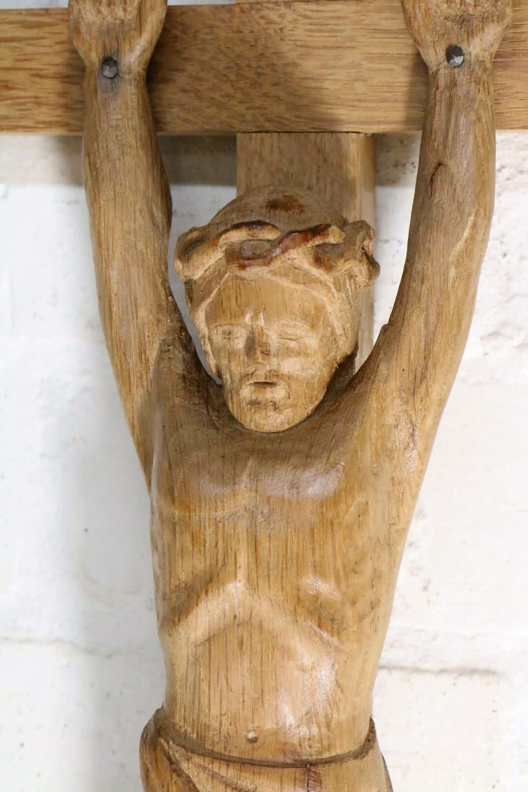 Vintage French Carved Catholic Crucifix In Light Oak Large 59 Cm Tall photo 128.0