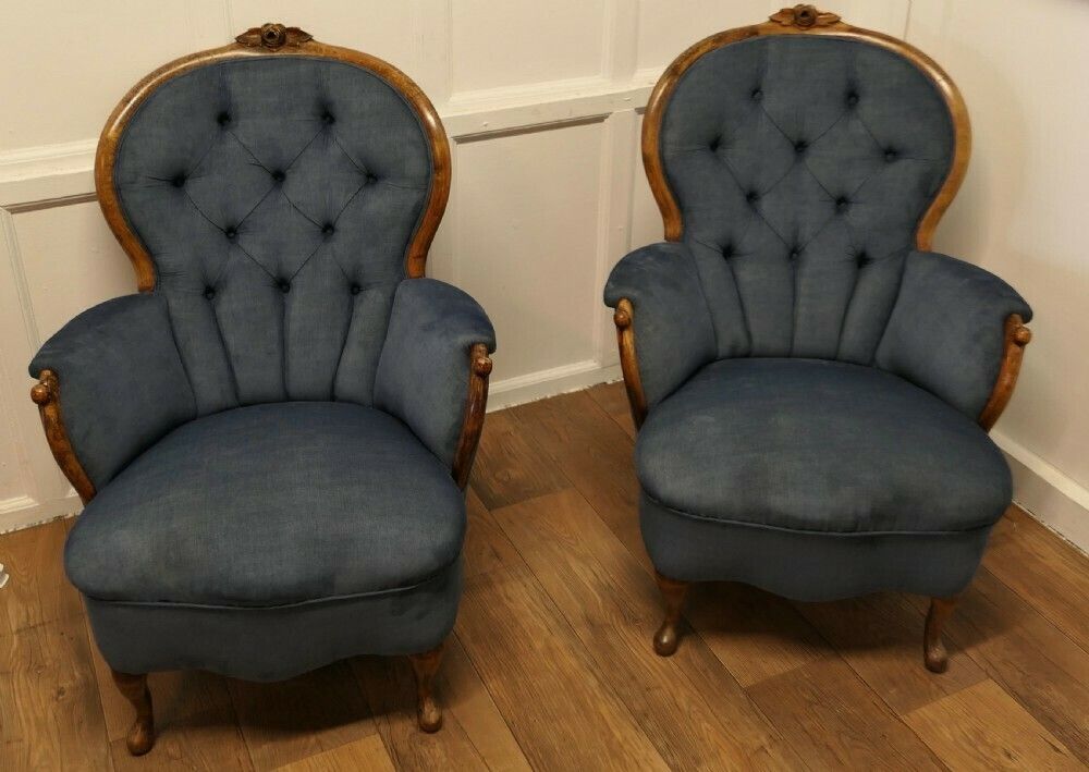 A Fine Quality Pair Of French Walnut Button Back Salon Chairs photo for sale