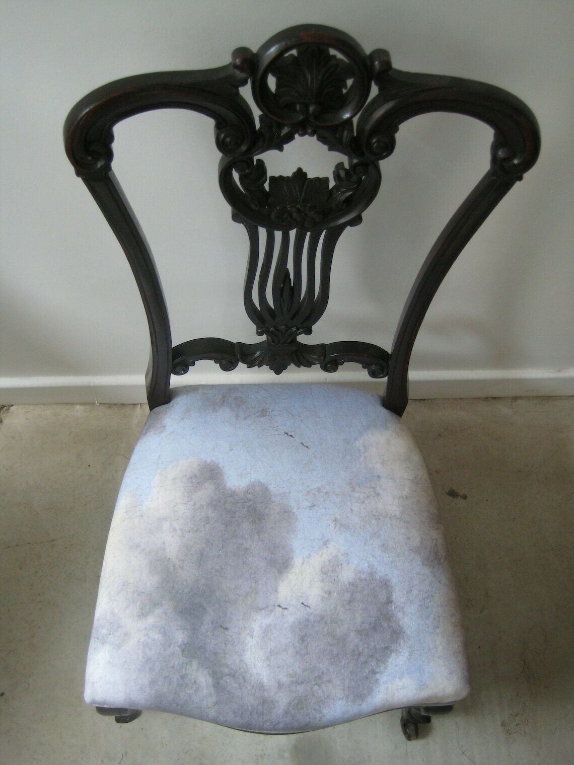 Antique Solid Wood Nursing Chair, Traditionally Upholstered With Grey Cloudscape Cotton Fabric photo vinterior