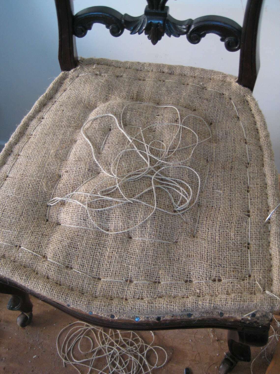 photo for sale Antique Solid Wood Nursing Chair, Traditionally Upholstered With Grey Cloudscape Cotton Fabric