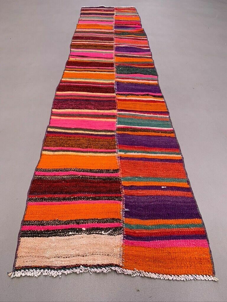 Old Turkish Narrow Kilim Runner 266x58 Cm Shabby Chic, Vintage Kelim