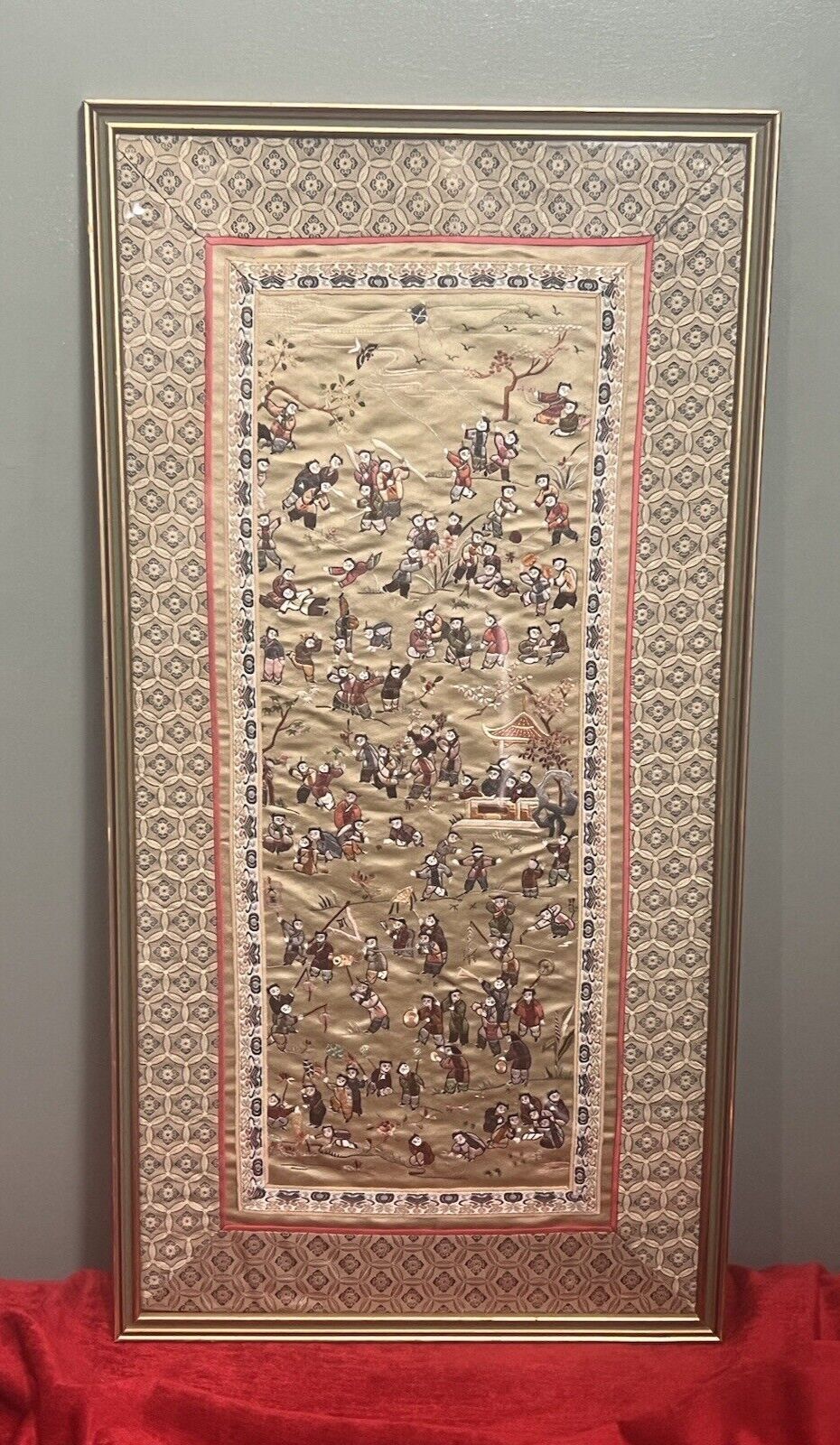 Oriental Chinese Guó Huà Traditional 100 Children At Play Silk Work Embroidery photo furniture