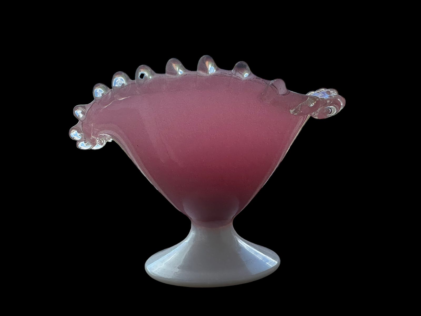 French Midcentury Pink And White Opaline Footed Glass Bowl
