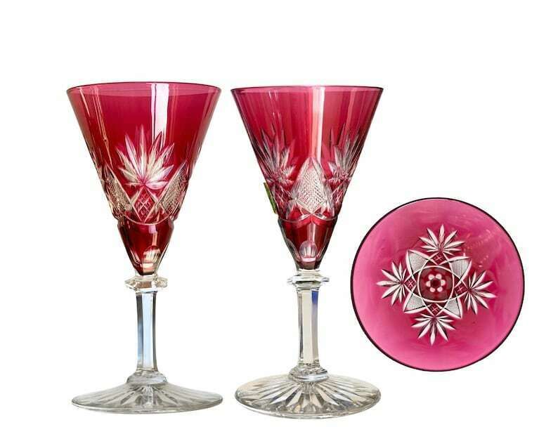 Val Saint Lambert Decanter Set | Eurydice Red And Green | 1 Decanter And 5 Sherry Glasses. photo Home Decor