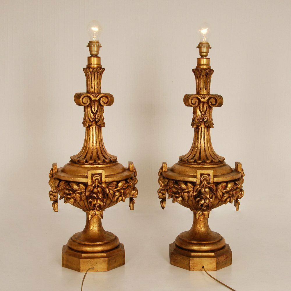 Neoclassical Italian Lamps In Carved Gold Giltwood, Set Of 2 photo vintage