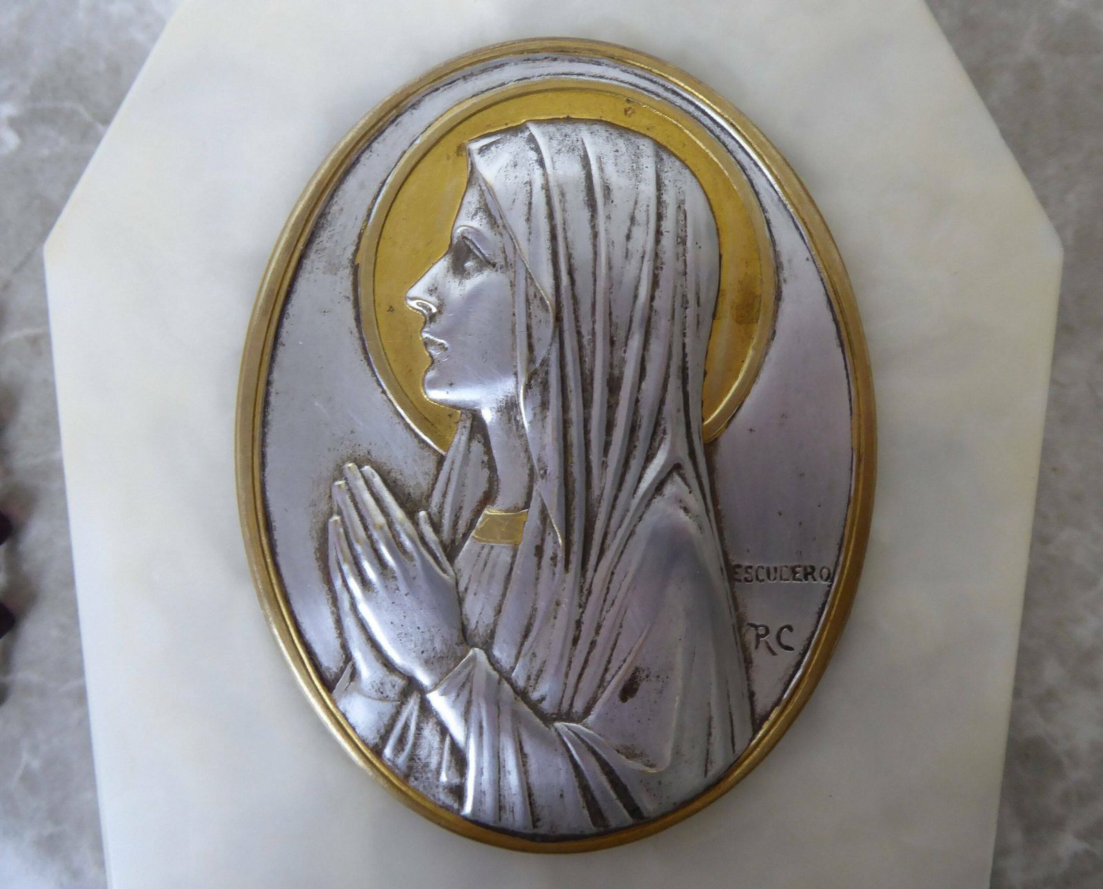 Art Deco Marble Holy Water Benitier With Escudero Medallion | Holy Water Font | Religious Decor photo furniture