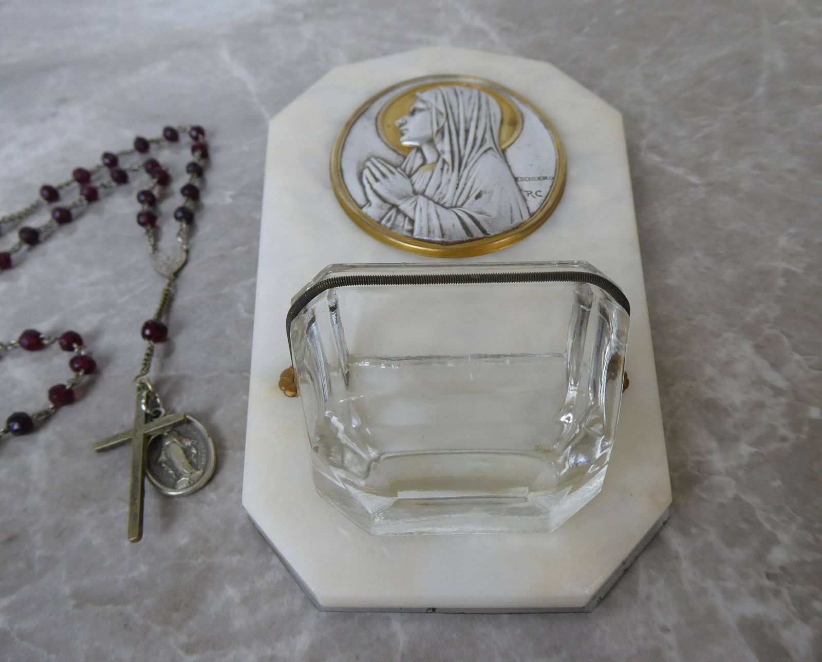 Art Deco Marble Holy Water Benitier With Escudero Medallion | Holy Water Font | Religious Decor photo for sale