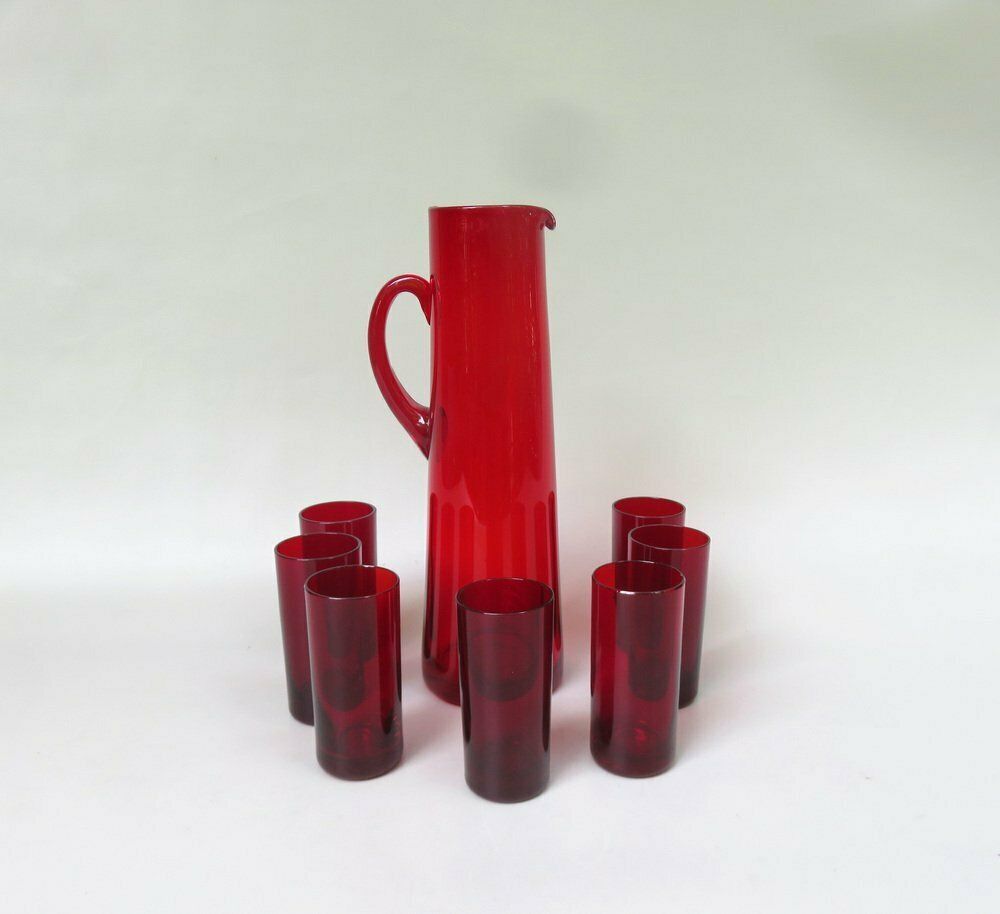 Water Jug With 7 Glasses In Red By Reijmyre Sweden, Designed  By Monica Bratt, Sweden, 1950s, Set Of 8 photo for sale