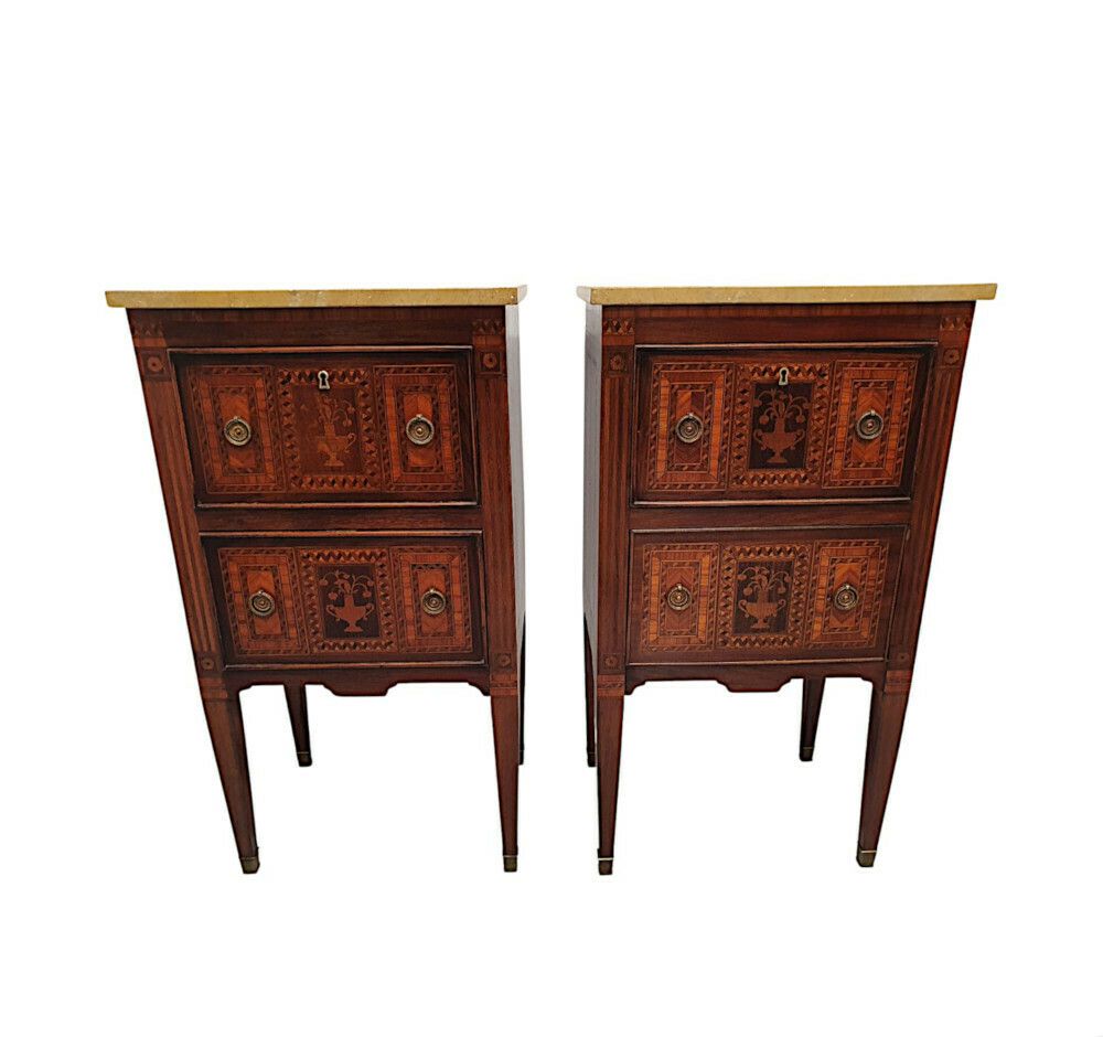 A Fine Pair Of Early 20th Century Highly Inlaid Marble Top Bedside Chests photo vinterior