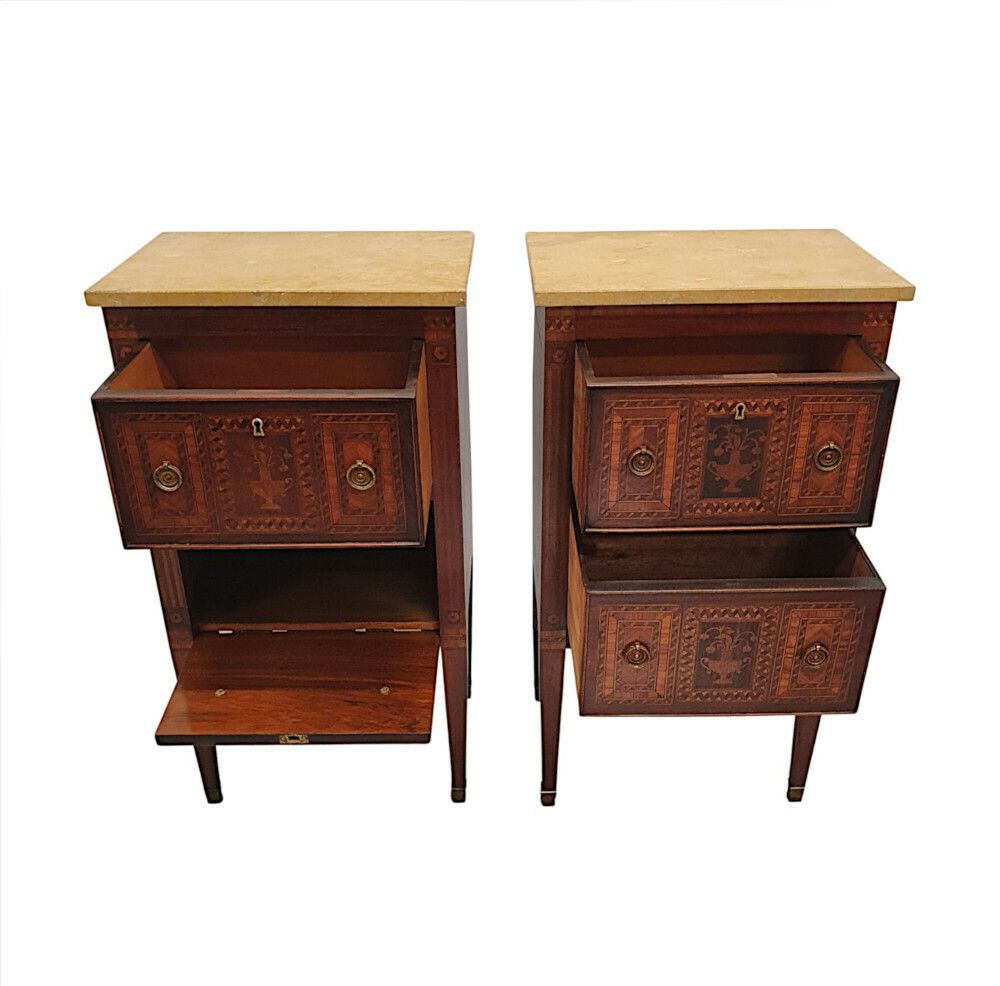A Fine Pair Of Early 20th Century Highly Inlaid Marble Top Bedside Chests photo buy