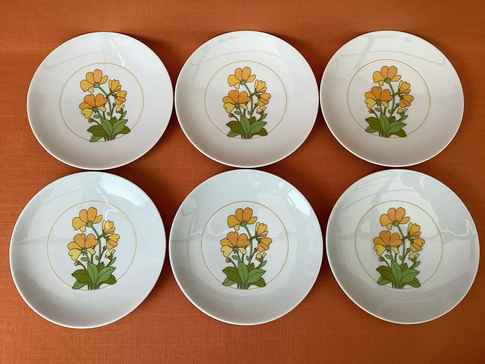 Thomas Germany theebordes en cakebordje in het 'Summer'-design, jaren 1970 (set van 7), retro Thomas porselein Summertime-bordes (7"), Rosenthal photo Woonaccessoires