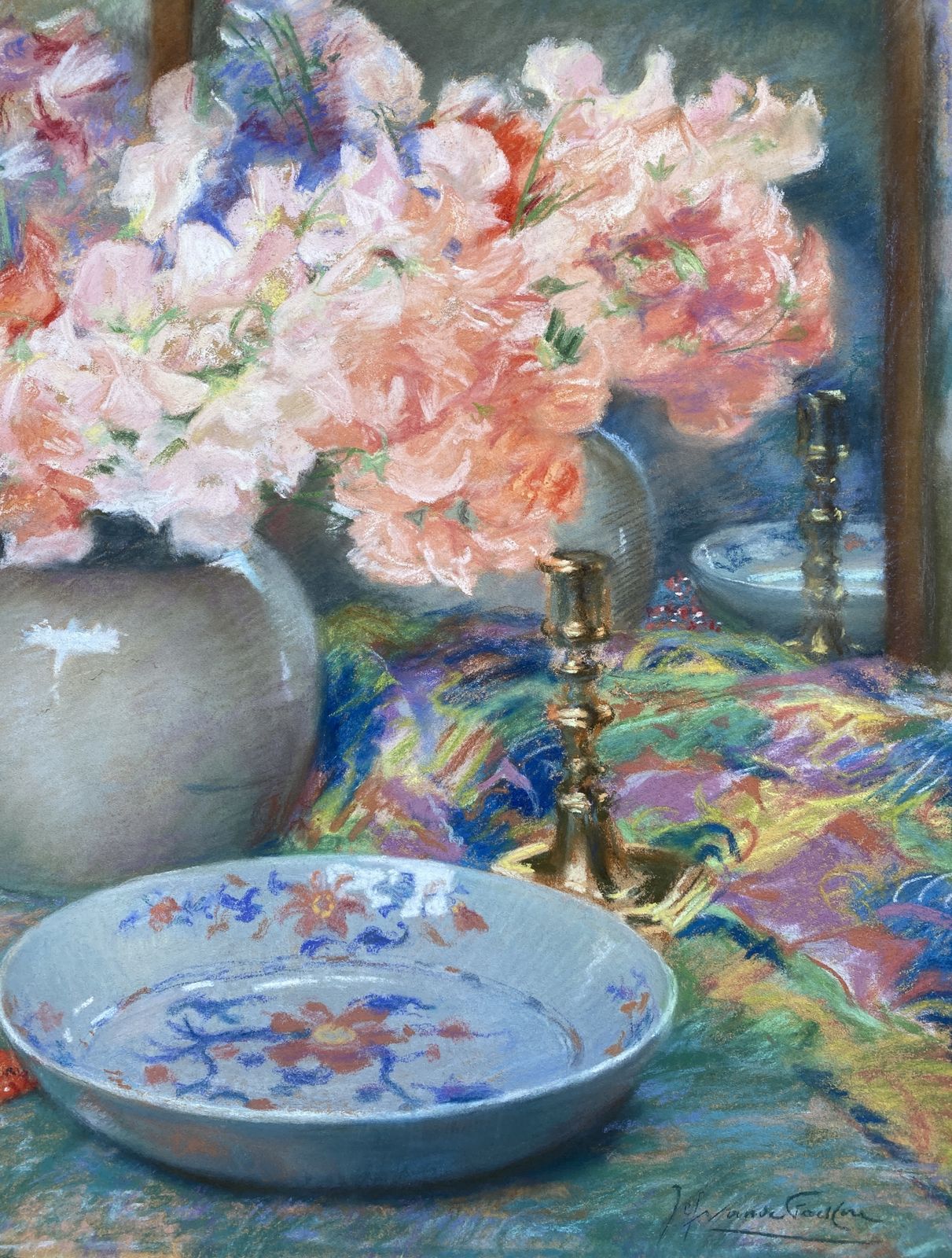 Joseph Vande Fackere, Bruges 1879 – 1946, Les Fleurs Et Accessoires, Pastel photo Art