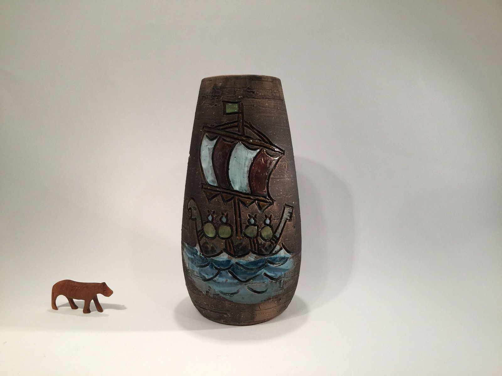 Swedish Chamotte Vase From Tilgmans With Motif Of Vikings In A Dragon Boat, Sweden, Mic Century Modern