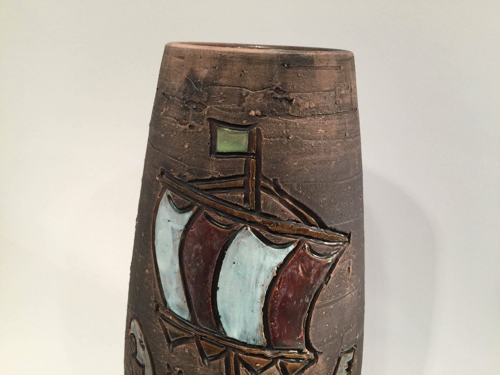 Swedish Chamotte Vase From Tilgmans With Motif Of Vikings In A Dragon Boat, Sweden, Mic Century Modern photo 160.0
