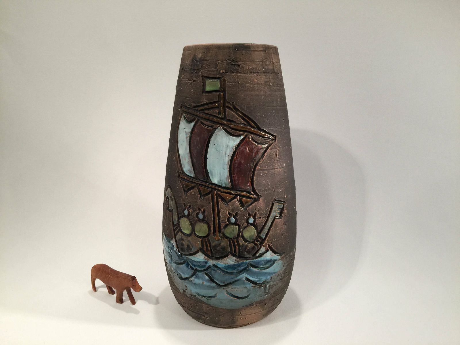 Swedish Chamotte Vase From Tilgmans With Motif Of Vikings In A Dragon Boat, Sweden, Mic Century Modern photo buy
