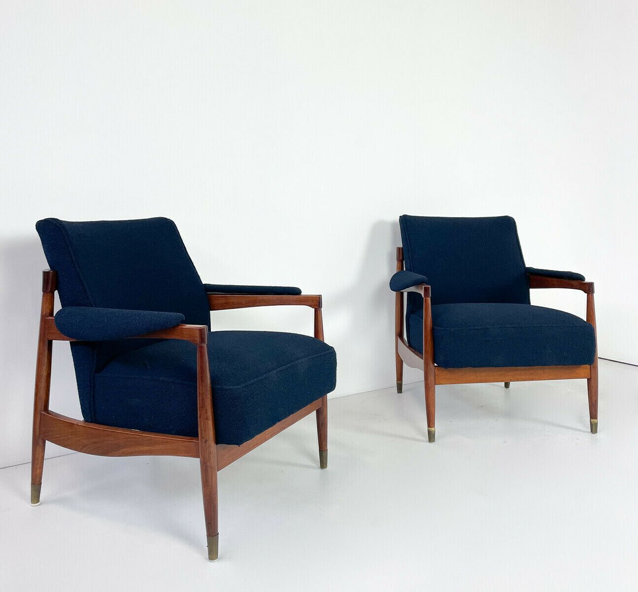 Pair Of Italian Mid Century Armchairs In Navy Boucle