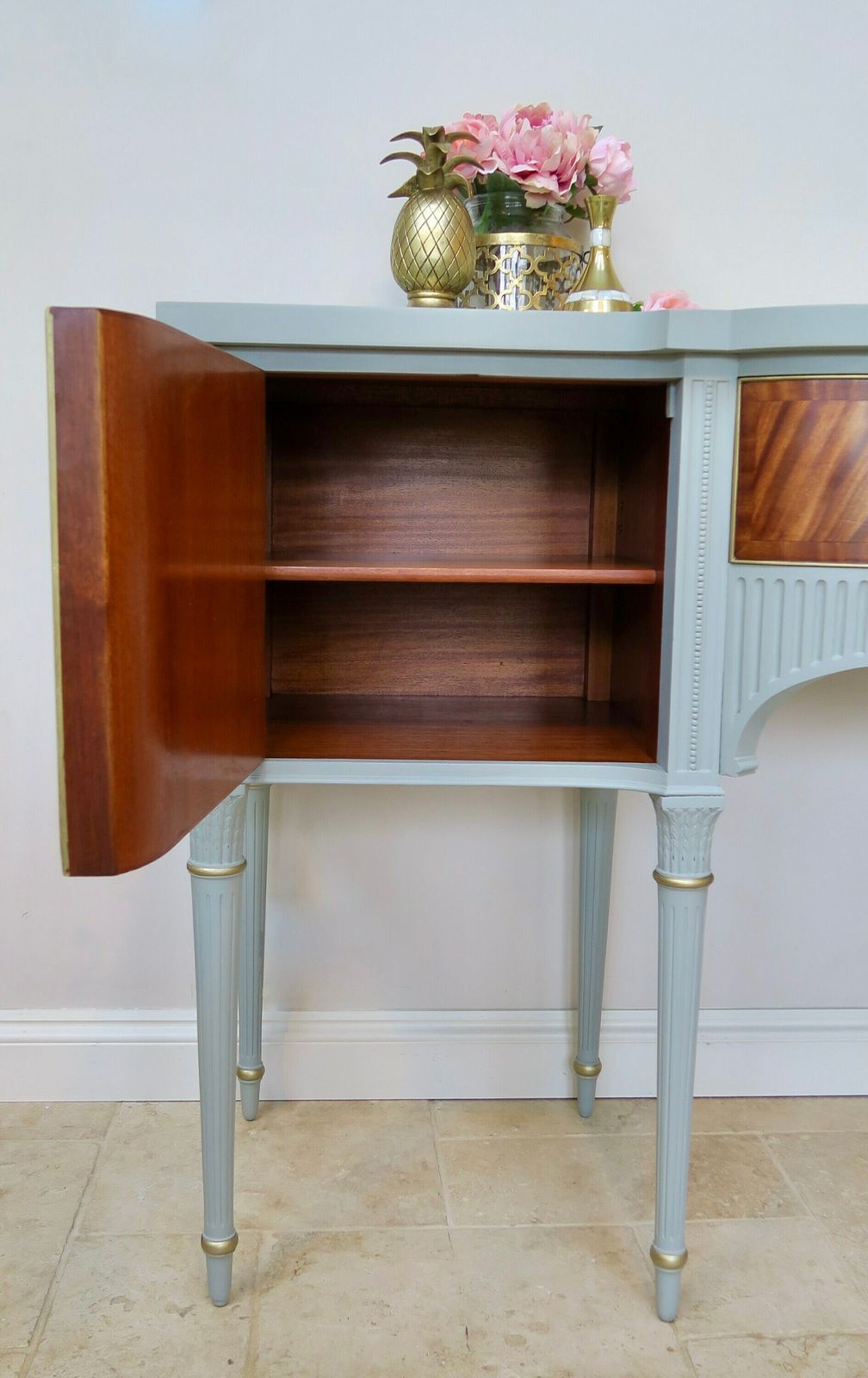 Vintage Mahogany Sideboard, Regency Sideboard, Bow Fronted Cabinet, Floral Magnolia Sideboard, Green Grey Buffet photo vintage