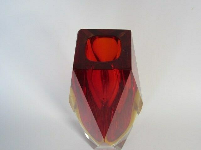 Xxl Space Age Geometric Murano Sommerso Red & Amber Art Glass Vase photo 247.0