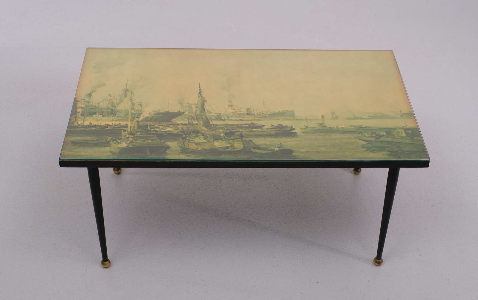 Italian Metal, Brass, And Print Coffee Table, 1950s photo Furniture