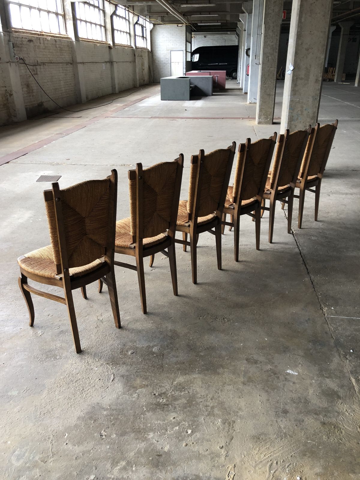 photo furniture Dining Chairs With Rush Made Of Oak Wood, France 1950s, Set Of 6