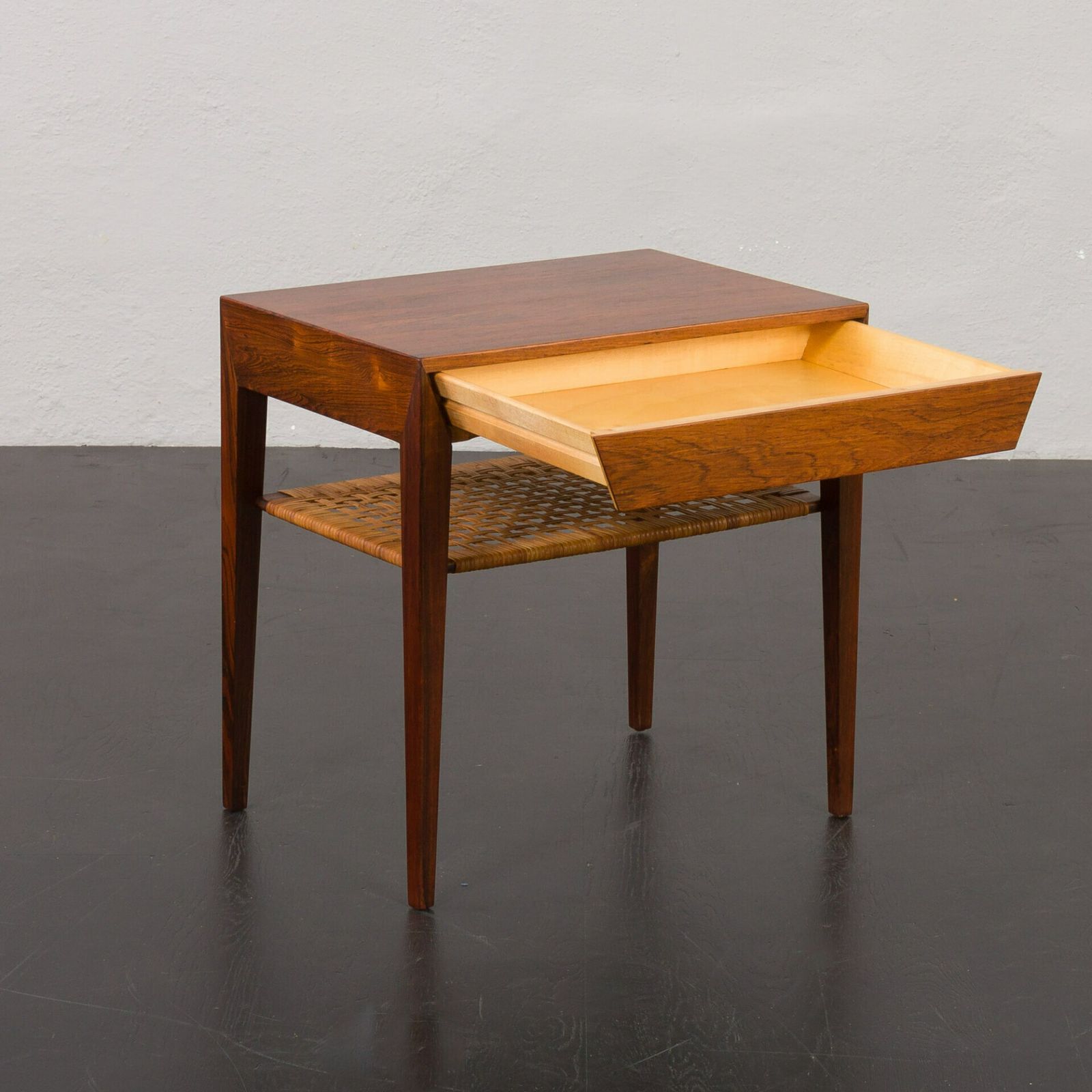 Rosewood And Cane Side Table W. Hidden Drawer By Severin Hansen For Haslev, Denmark, 1960s photo furniture