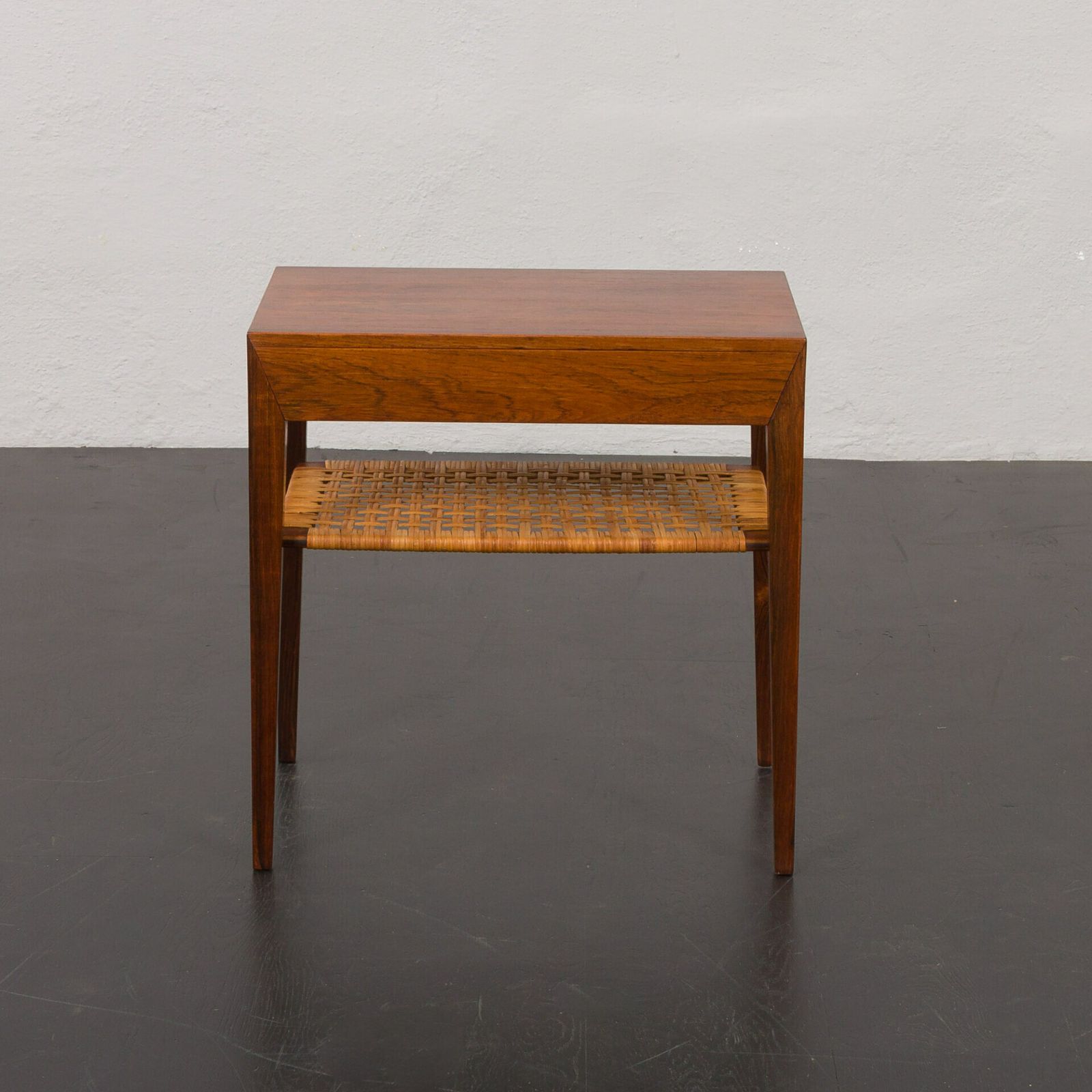 Rosewood And Cane Side Table W. Hidden Drawer By Severin Hansen For Haslev, Denmark, 1960s photo for sale
