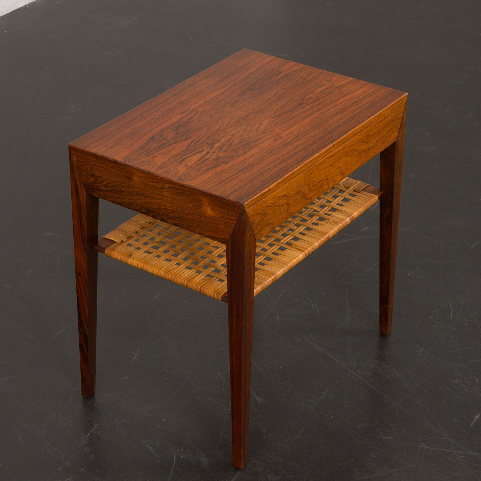 Rosewood And Cane Side Table W. Hidden Drawer By Severin Hansen For Haslev, Denmark, 1960s photo vintage