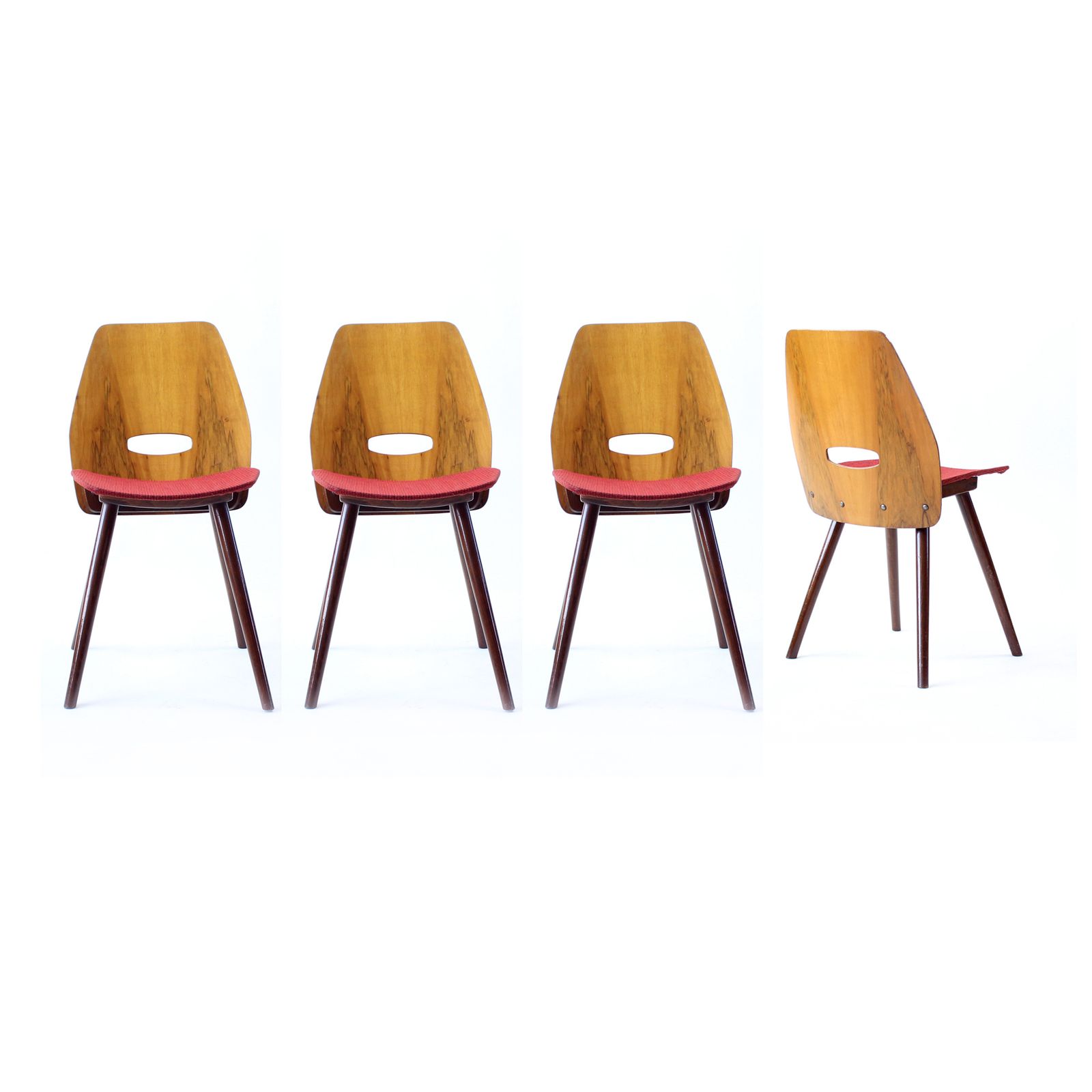 Frantisek Jirak Lollipop Dining Chairs In Walnut Veneer For Tatra, Circa 1960, Set Of 4
