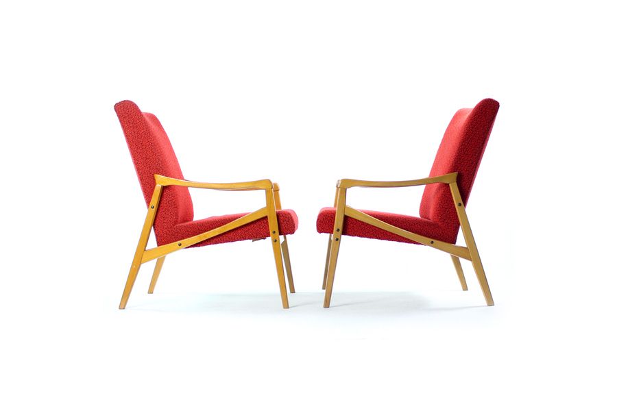 Midcentury Armchair In Light Beech & Red Fabric By Interier Praha, Czechoslovakia 1971 photo furniture