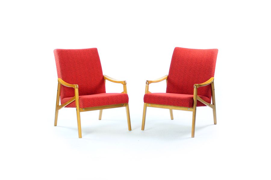 Midcentury Armchair In Light Beech & Red Fabric By Interier Praha, Czechoslovakia 1971 photo for sale