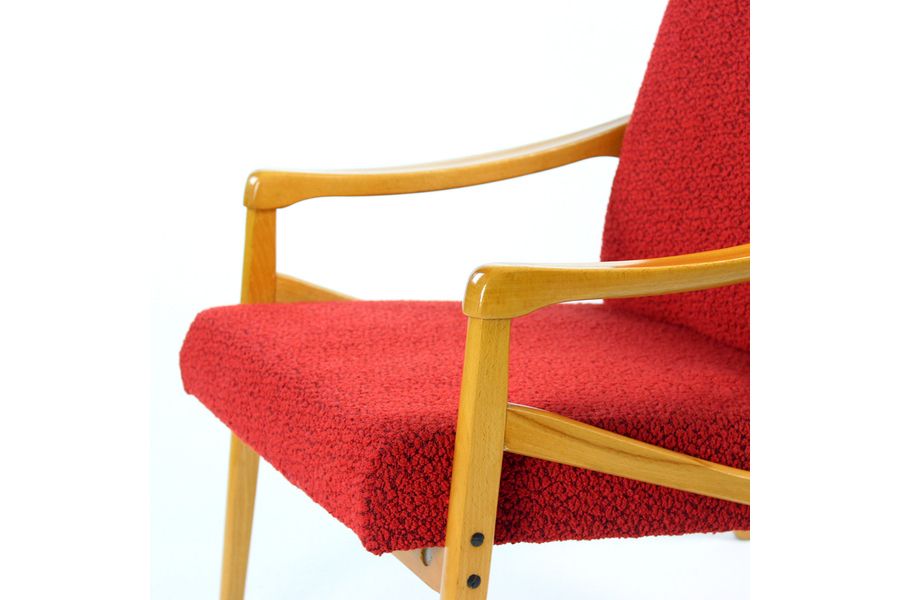 Midcentury Armchair In Light Beech & Red Fabric By Interier Praha, Czechoslovakia 1971 photo buy