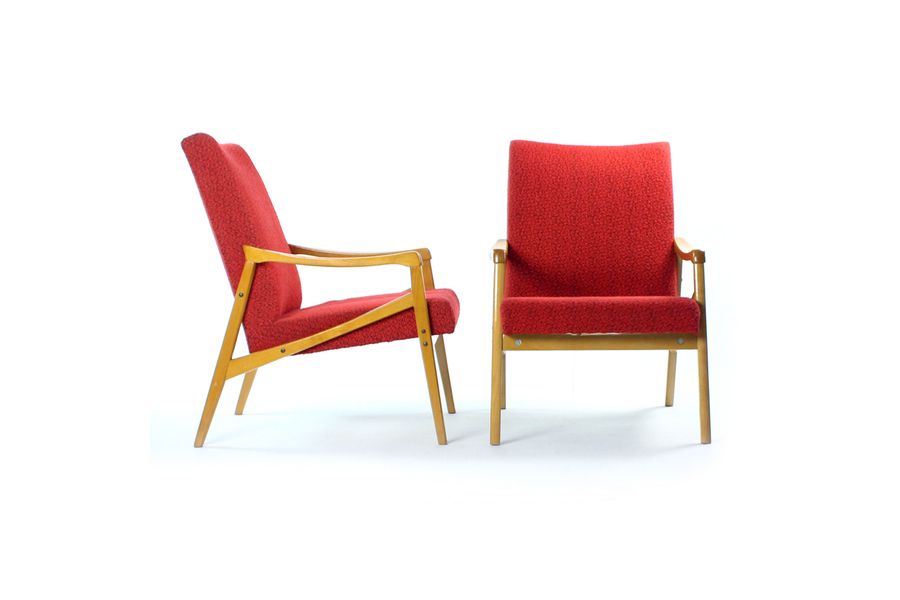 photo vinterior Midcentury Armchair In Light Beech & Red Fabric By Interier Praha, Czechoslovakia 1971