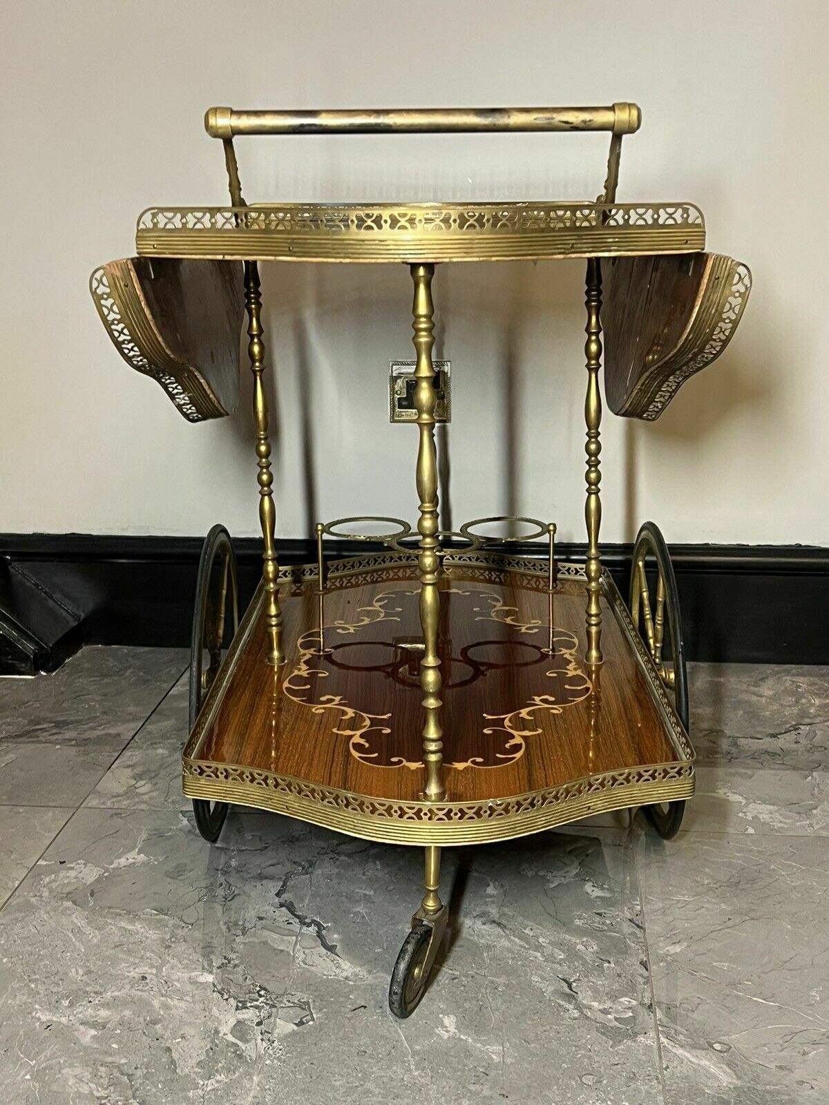 photo buy Italian Mid Century Marquetry Double Serpentine Barwagon