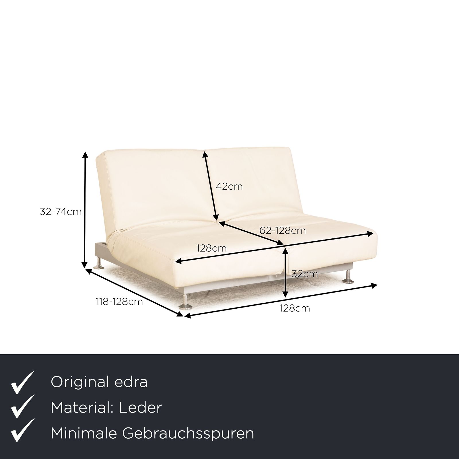 Canapé 2 places Edra Damier en cuir crème, fonction relax et fonction lit photo furniture